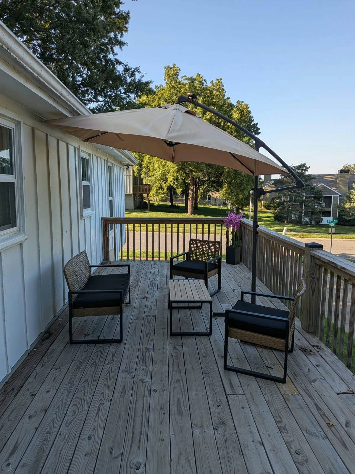 A shaded patio with outdoor seating
